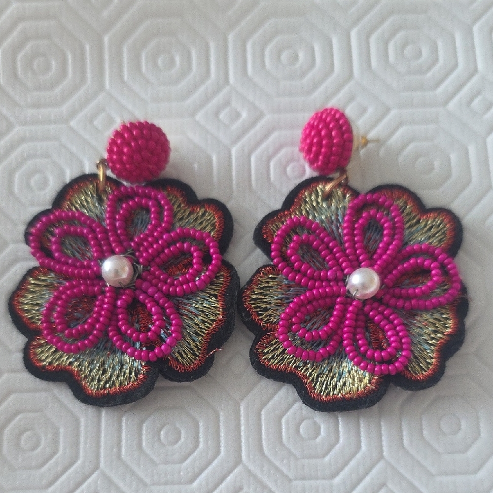 Pink and Gold Beaded Flower Earrings
